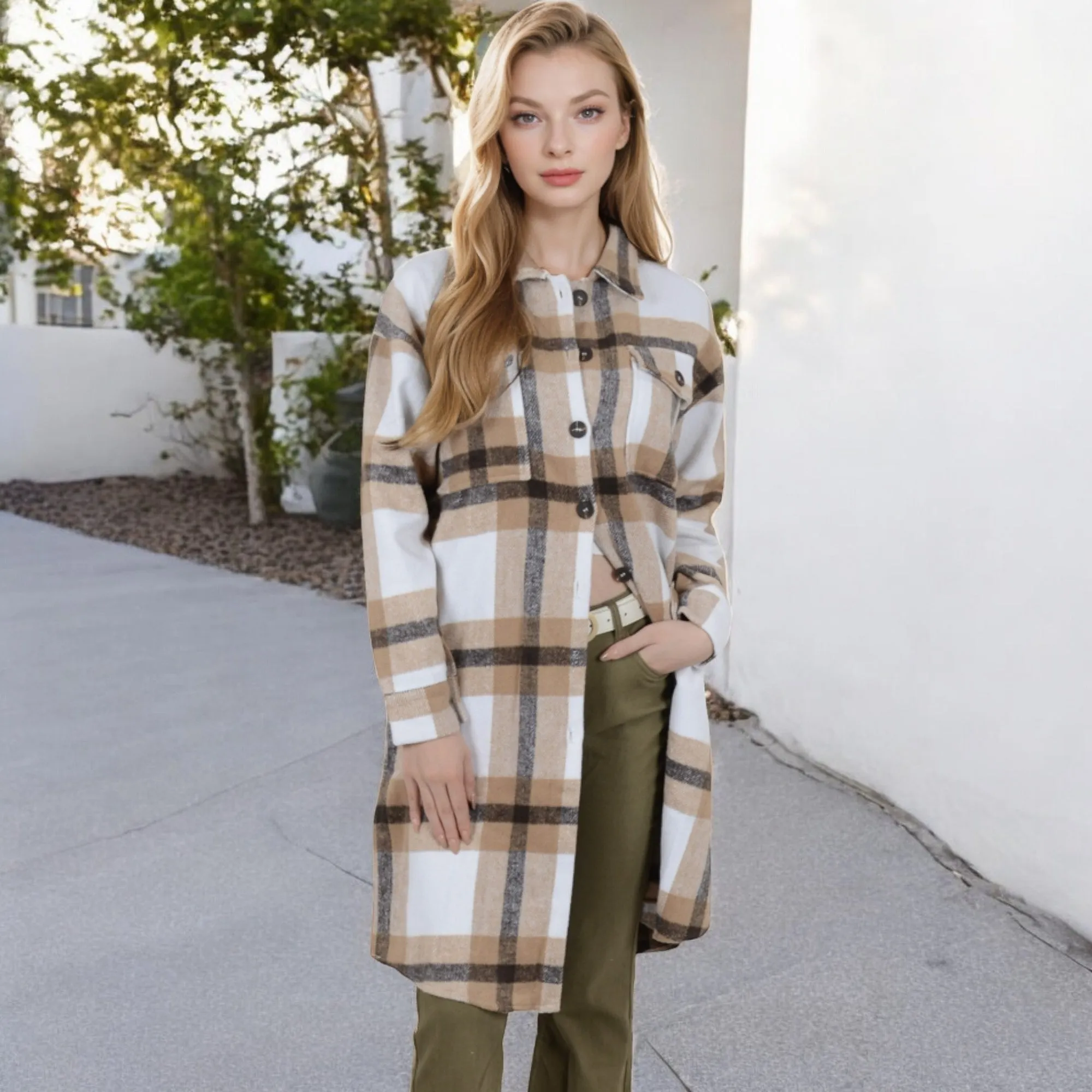 Anna-Kaci Women's Long Plaid Button-Up Shacket with Chest Pockets and Side Slits