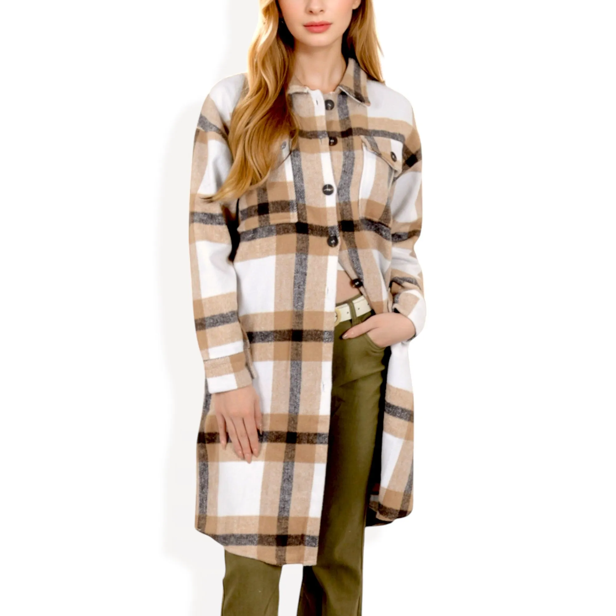Anna-Kaci Women's Long Plaid Button-Up Shacket with Chest Pockets and Side Slits