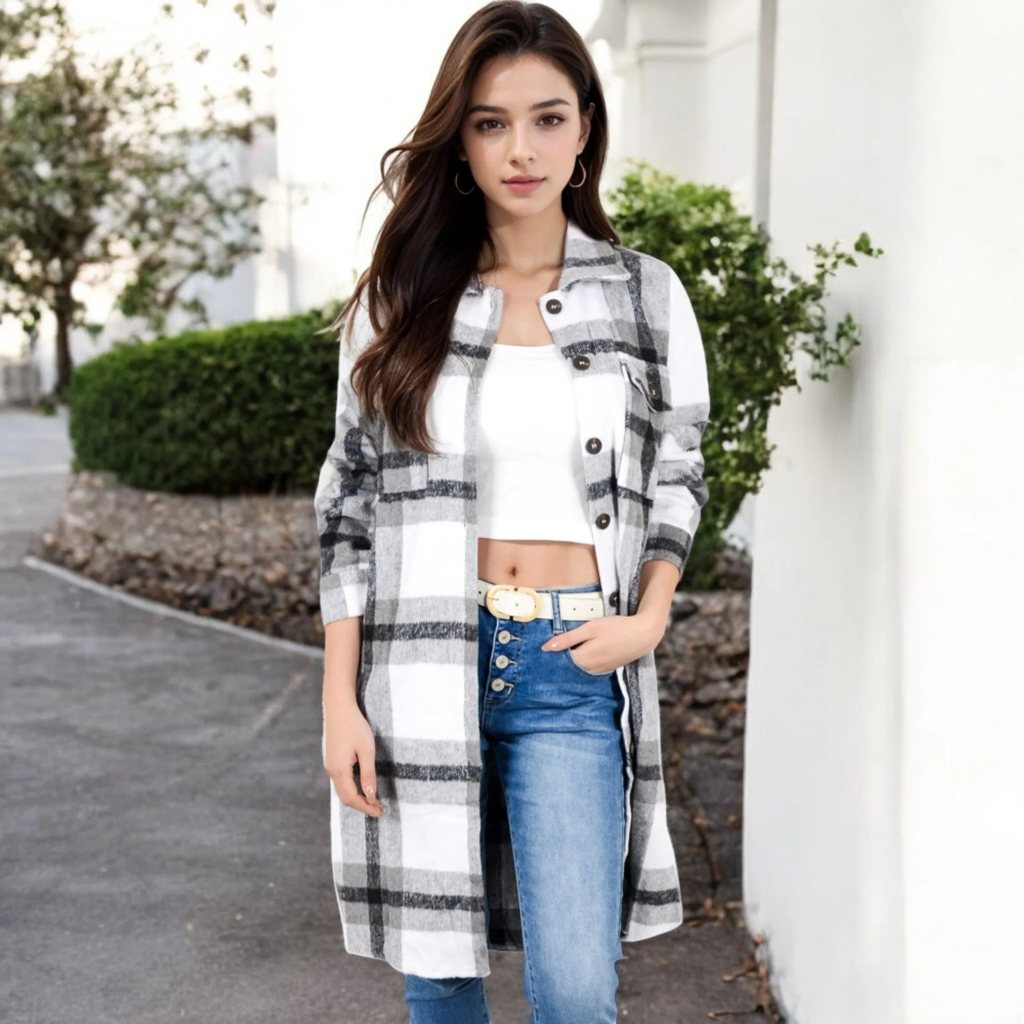 Anna-Kaci Women's Long Plaid Button-Up Shacket with Chest Pockets and Side Slits