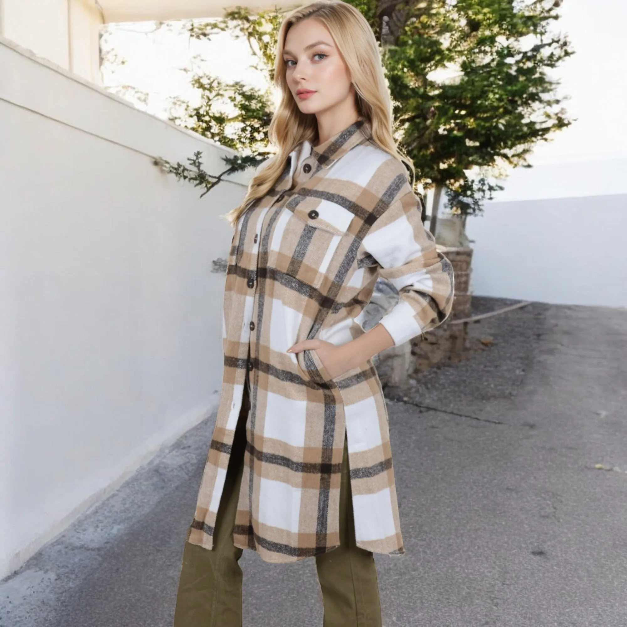 Anna-Kaci Women's Long Plaid Button-Up Shacket with Chest Pockets and Side Slits