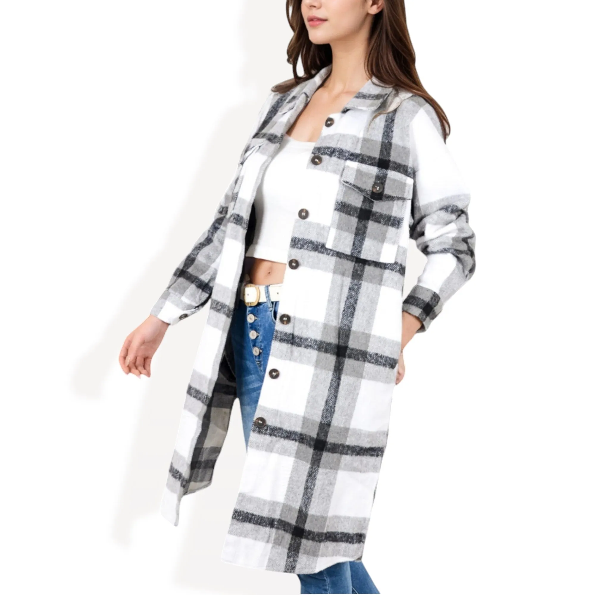 Anna-Kaci Women's Long Plaid Button-Up Shacket with Chest Pockets and Side Slits