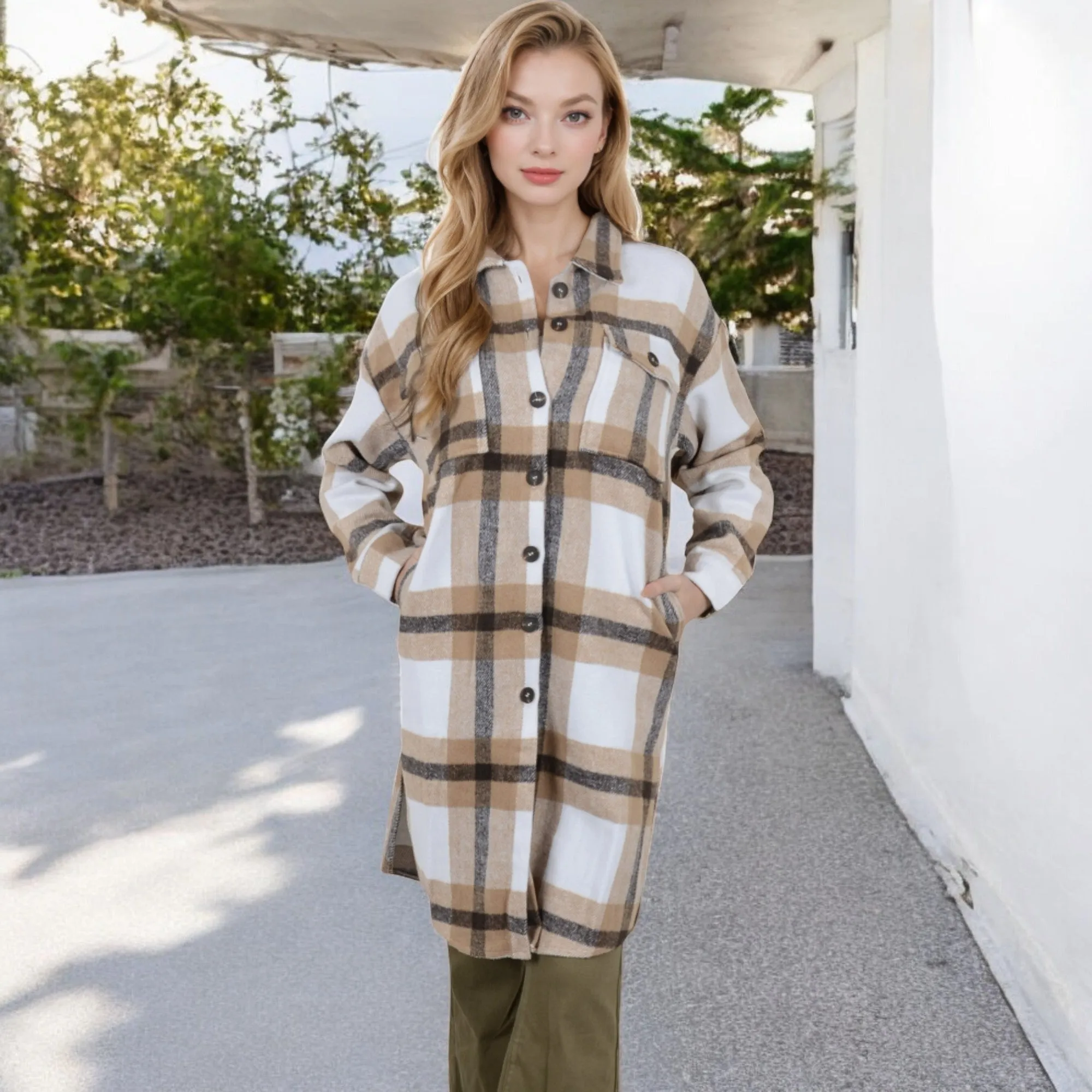 Anna-Kaci Women's Long Plaid Button-Up Shacket with Chest Pockets and Side Slits