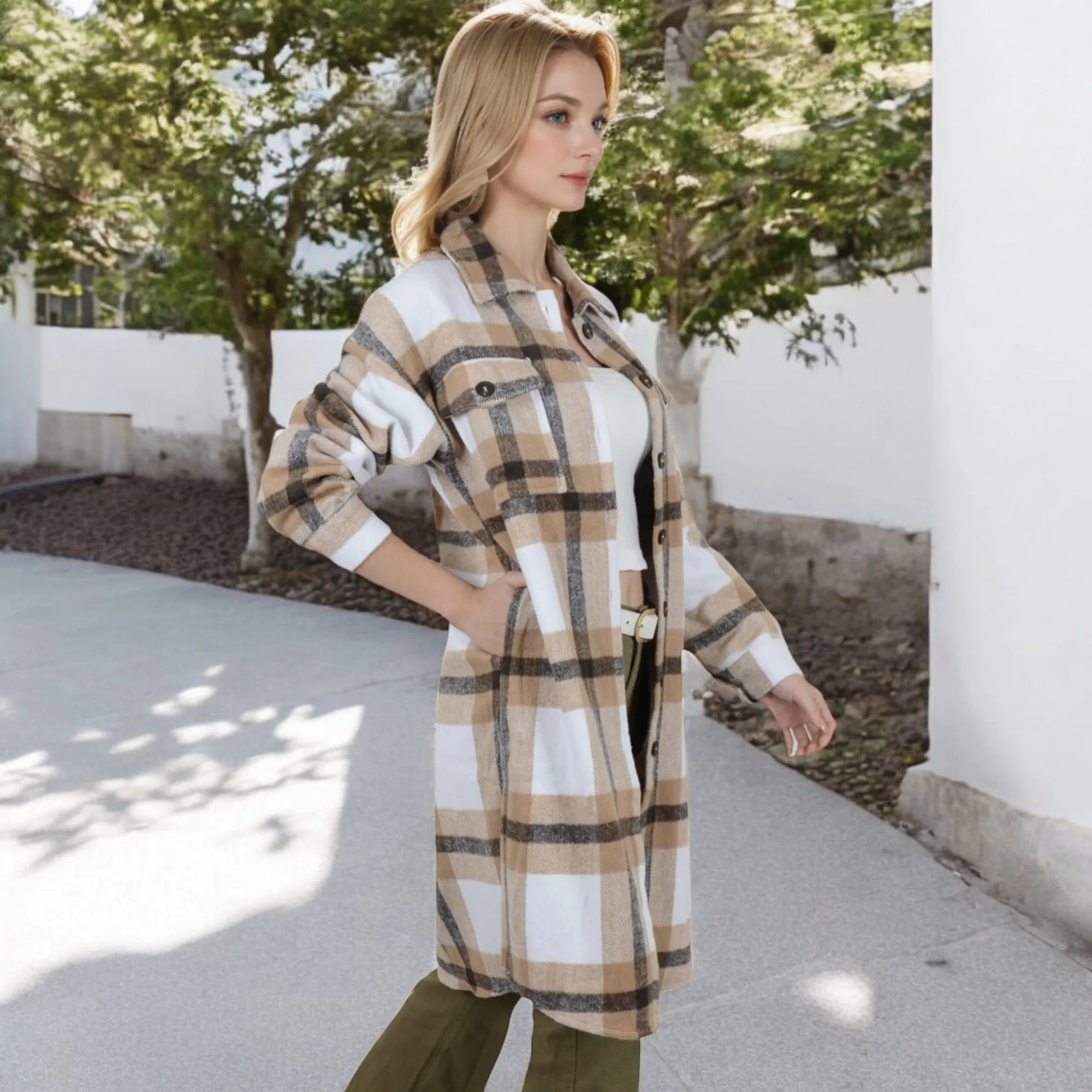 Anna-Kaci Women's Long Plaid Button-Up Shacket with Chest Pockets and Side Slits