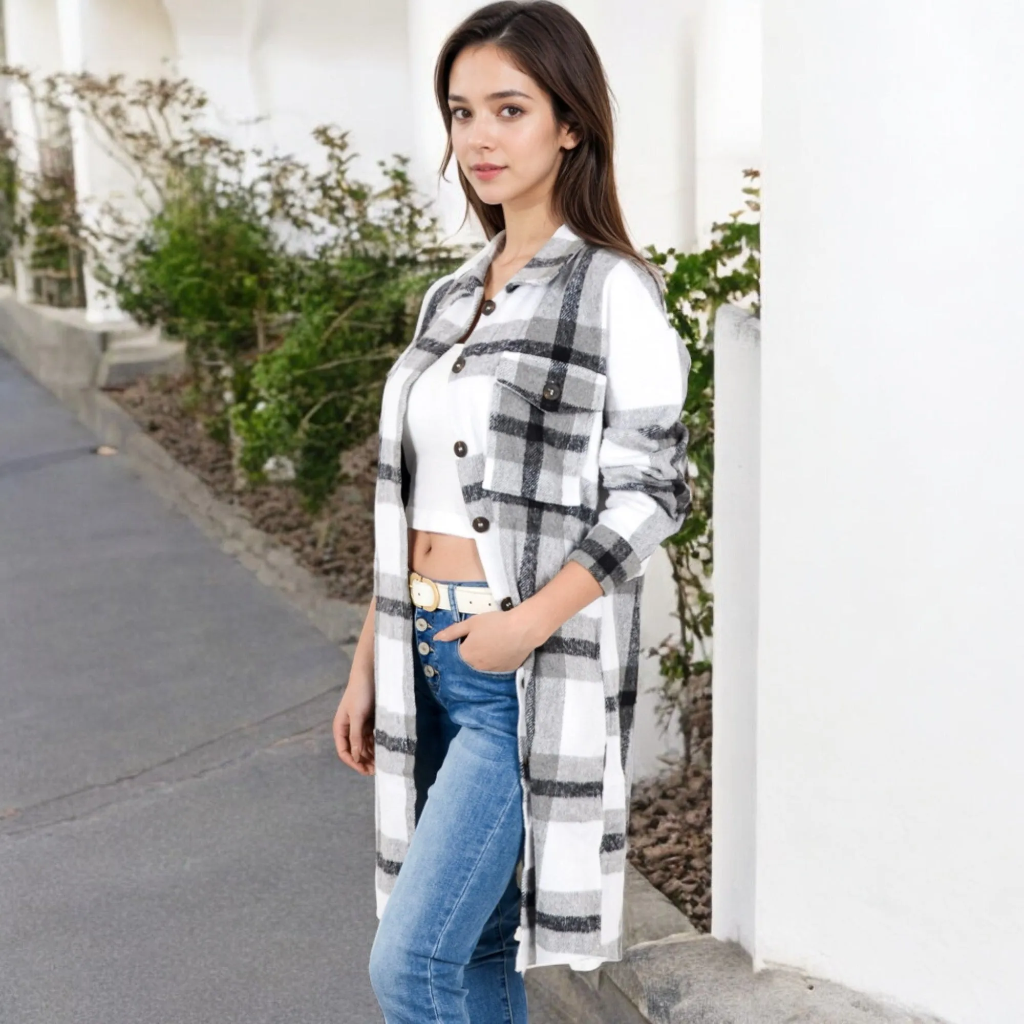 Anna-Kaci Women's Long Plaid Button-Up Shacket with Chest Pockets and Side Slits