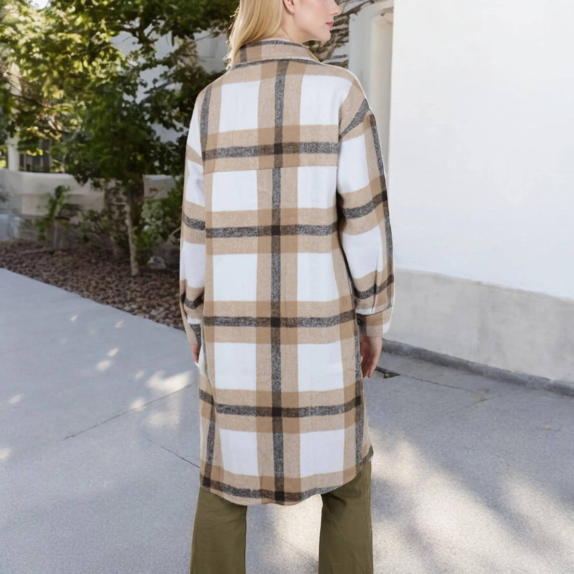 Anna-Kaci Women's Long Plaid Button-Up Shacket with Chest Pockets and Side Slits