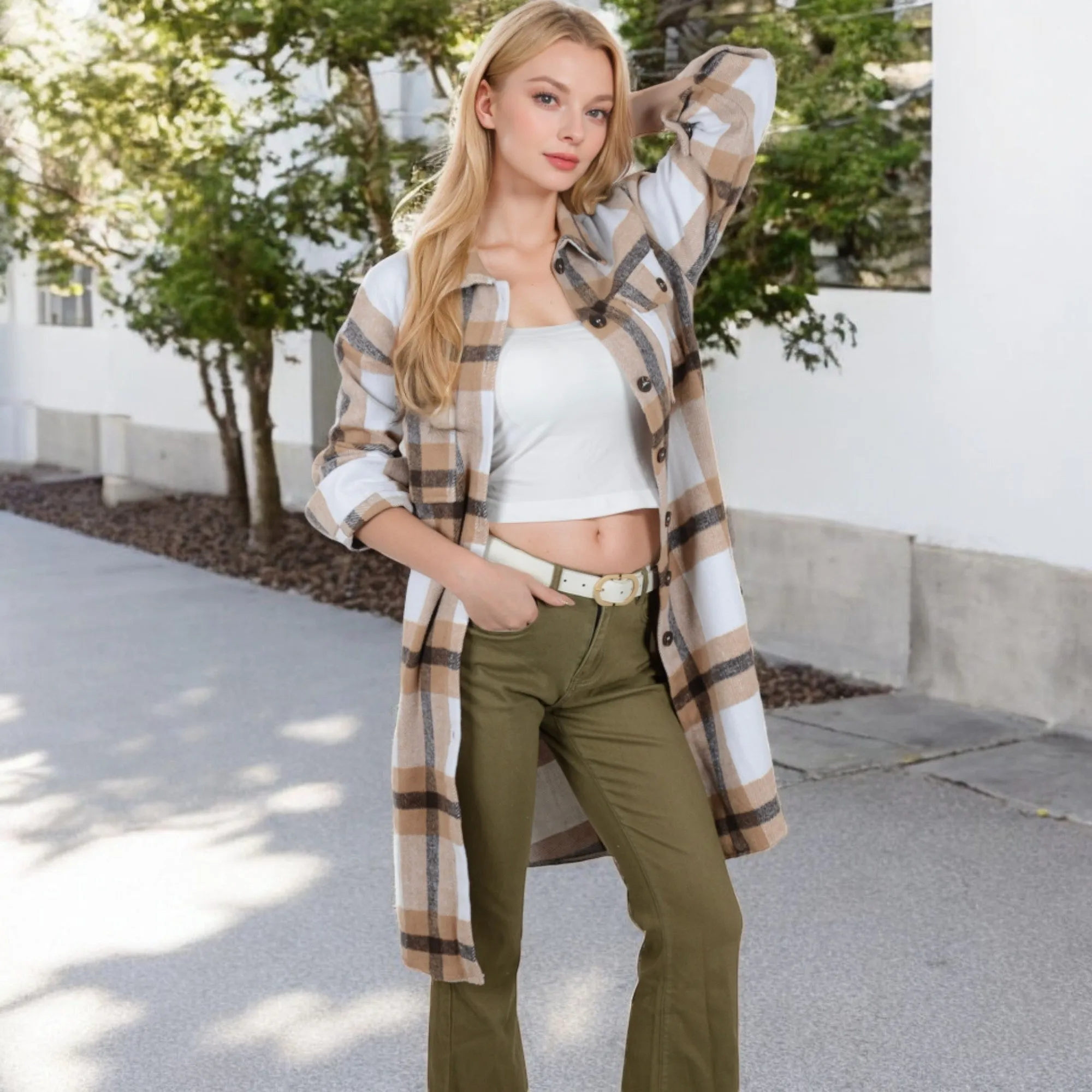 Anna-Kaci Women's Long Plaid Button-Up Shacket with Chest Pockets and Side Slits