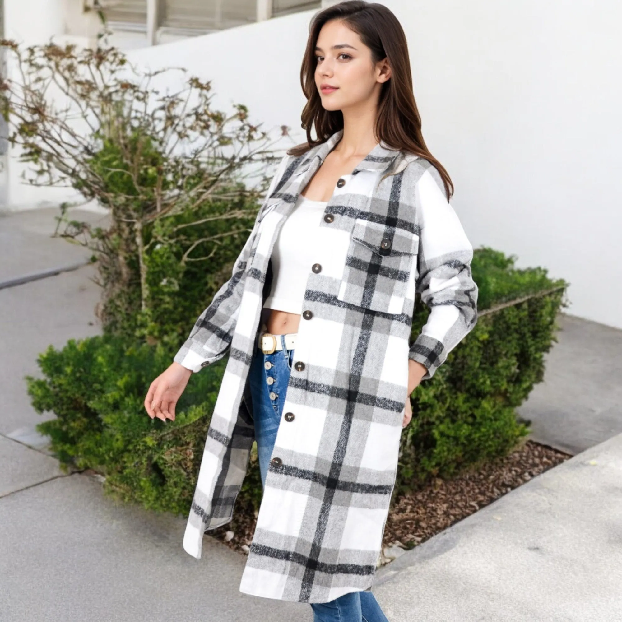 Anna-Kaci Women's Long Plaid Button-Up Shacket with Chest Pockets and Side Slits