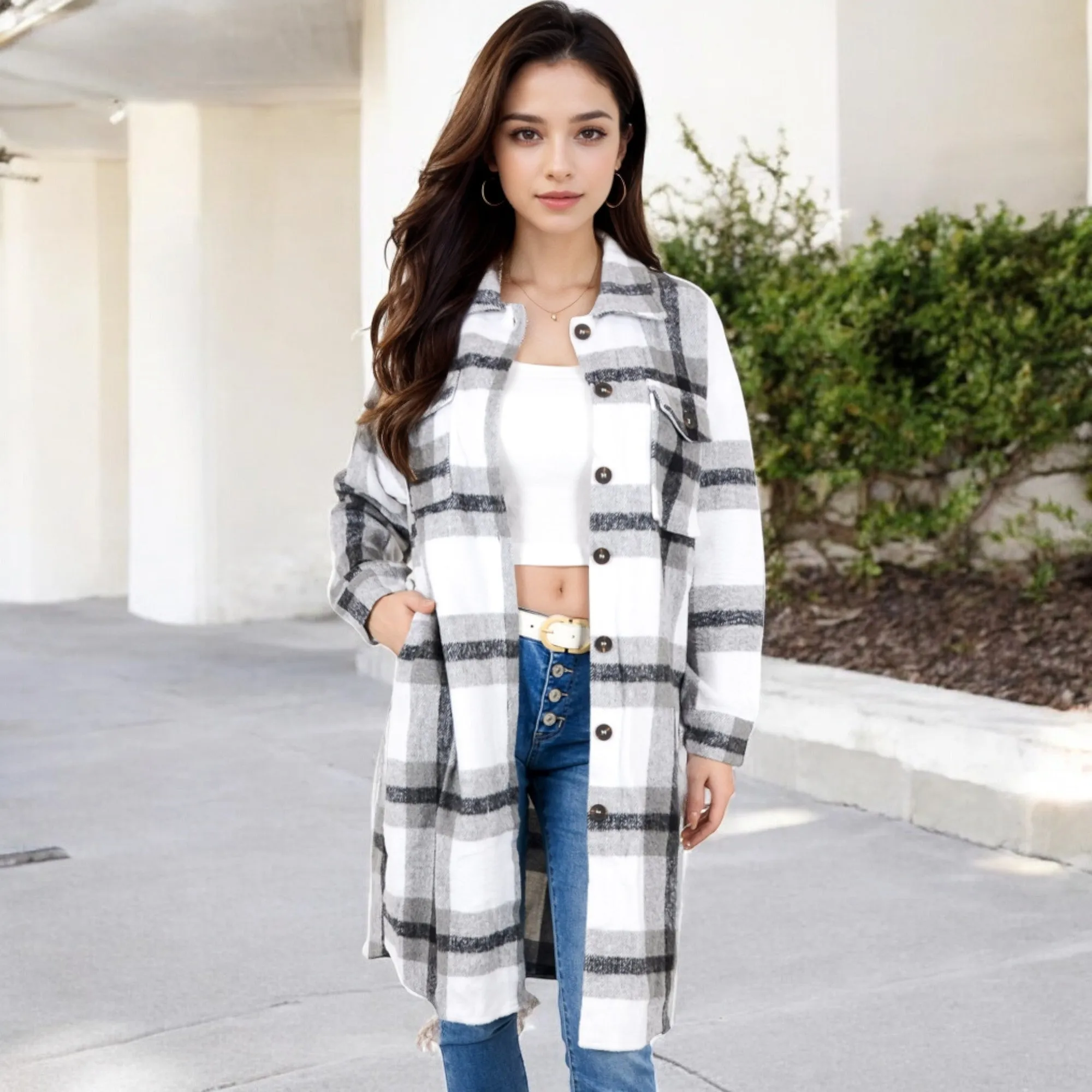 Anna-Kaci Women's Long Plaid Button-Up Shacket with Chest Pockets and Side Slits