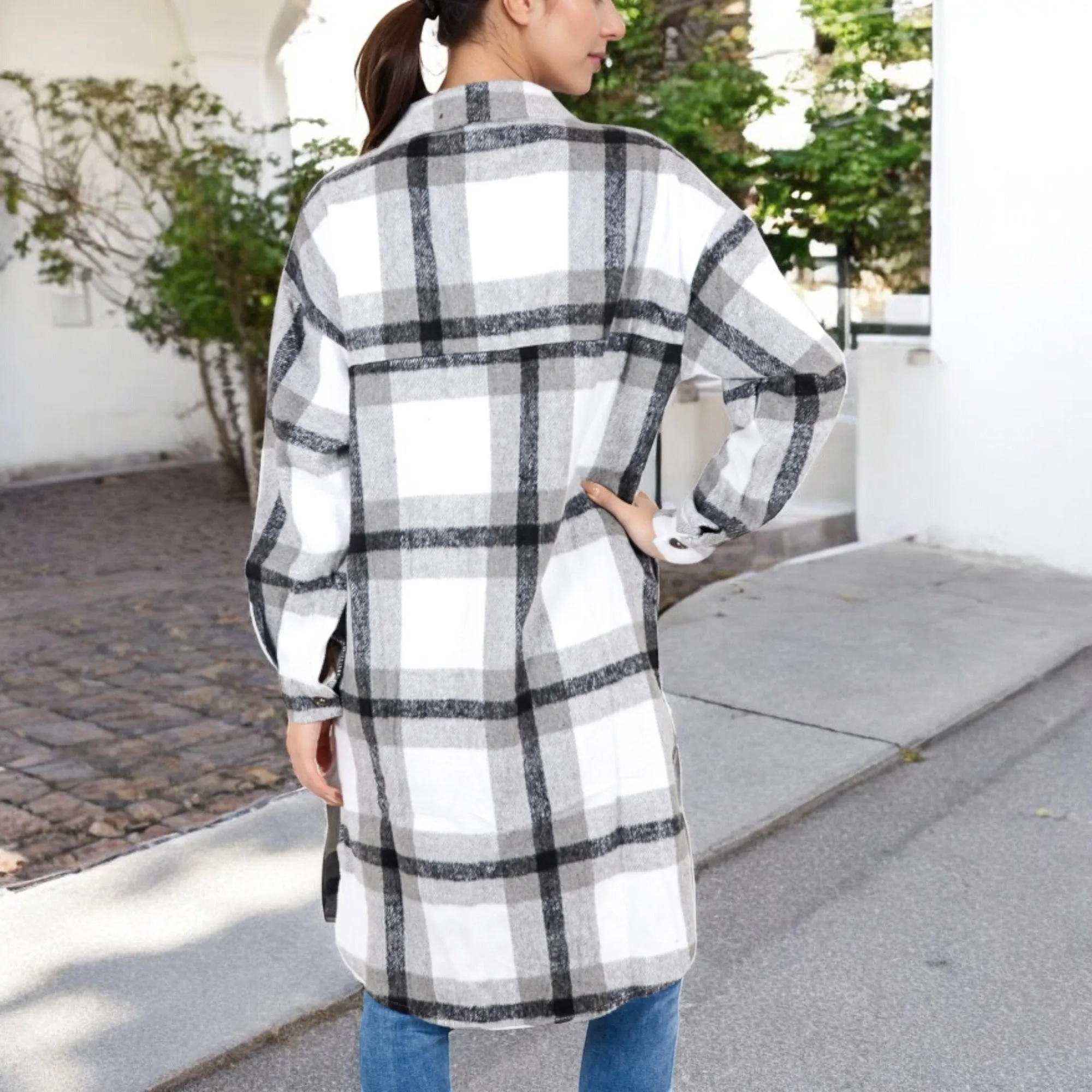 Anna-Kaci Women's Long Plaid Button-Up Shacket with Chest Pockets and Side Slits