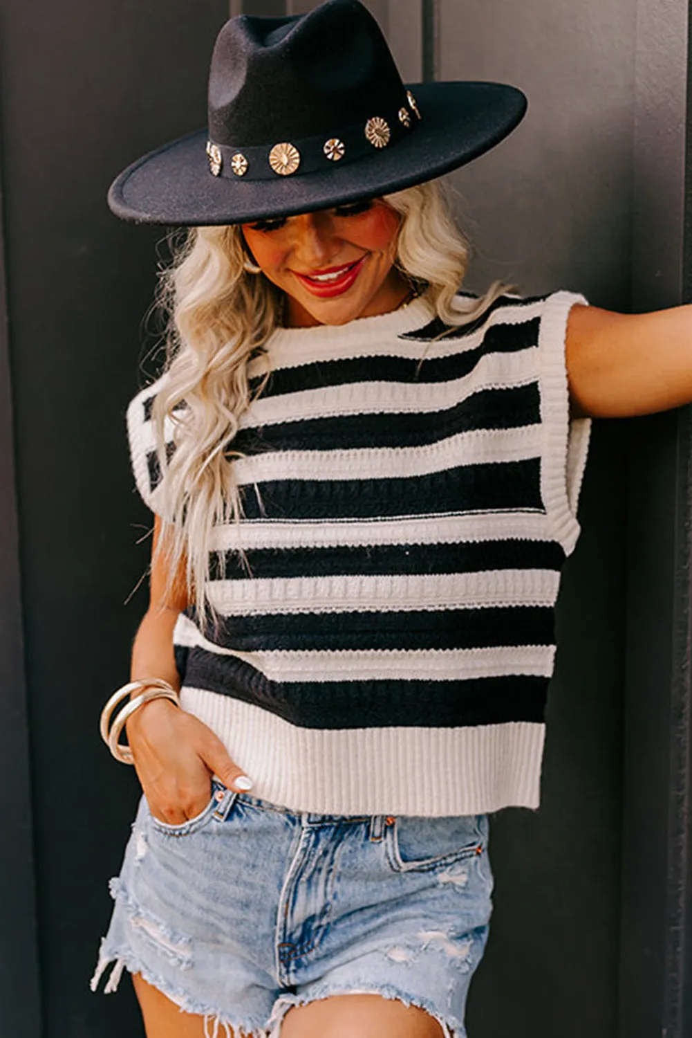 Black Stripe Round Neck Knit Tank Top