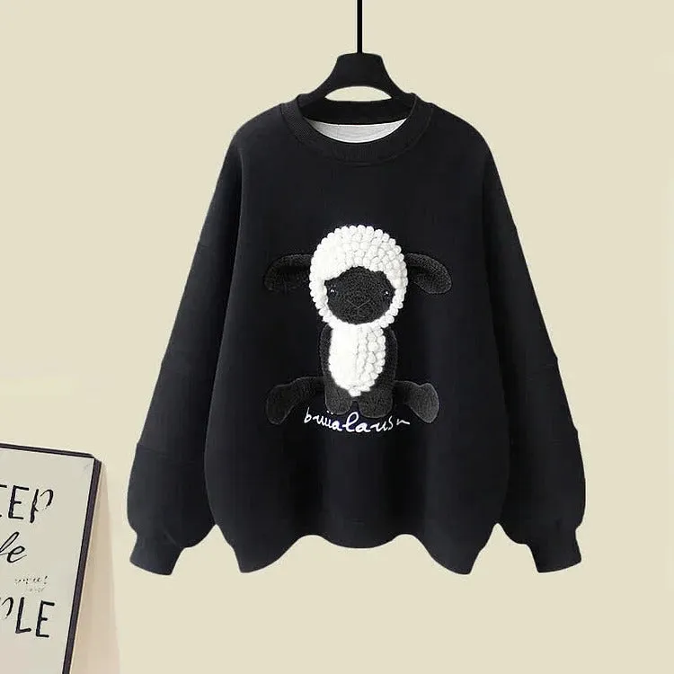 Cartoon Sheep Round Collar Sweatshirt Plush Pants Two Piece Set