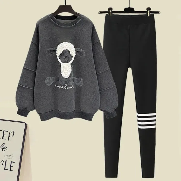 Cartoon Sheep Round Collar Sweatshirt Plush Pants Two Piece Set
