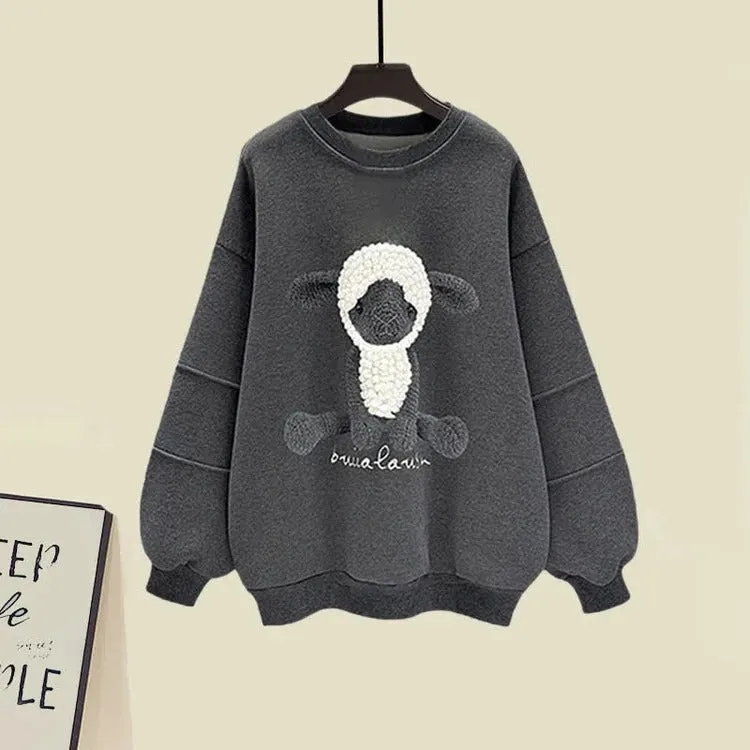 Cartoon Sheep Round Collar Sweatshirt Plush Pants Two Piece Set