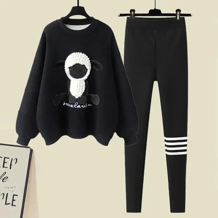Cartoon Sheep Round Collar Sweatshirt Plush Pants Two Piece Set