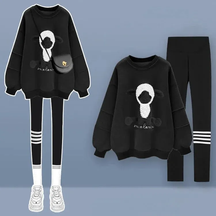Cartoon Sheep Round Collar Sweatshirt Plush Pants Two Piece Set