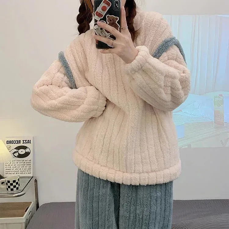 Coral Colorblock Round Collar Plush Pajamas Set