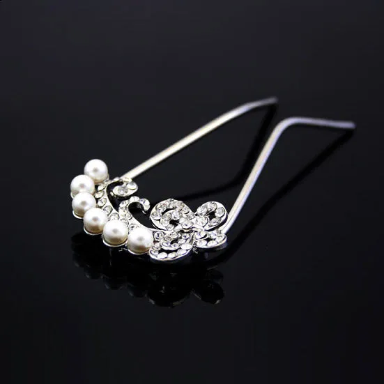Czech Rhinestone & Pearl 2-Prong Bridal Hair Stick Fork Butterfy