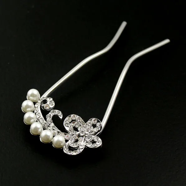 Czech Rhinestone & Pearl 2-Prong Bridal Hair Stick Fork Butterfy