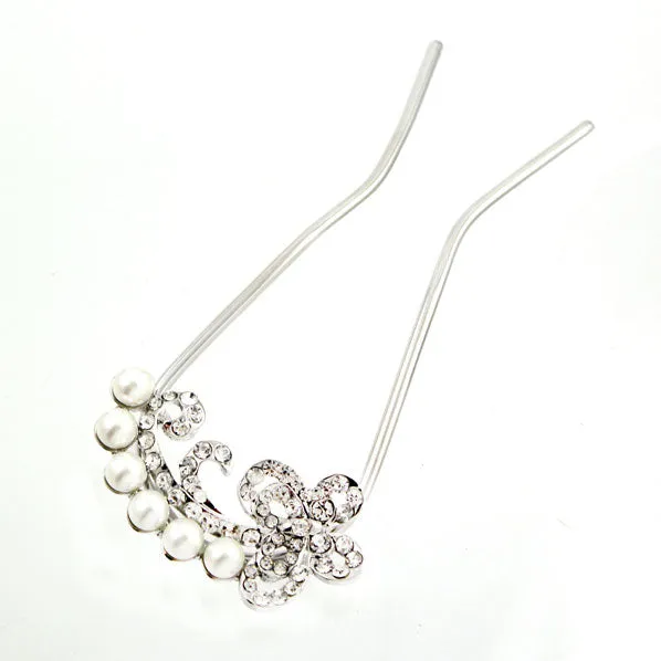 Czech Rhinestone & Pearl 2-Prong Bridal Hair Stick Fork Butterfy