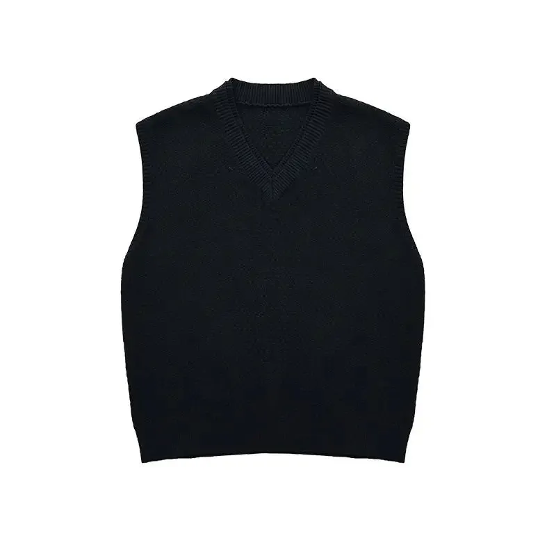 Early Autumn Simple Black V-neck Knitted Sweater Vest for Men Classic Fashion Harajuku Loose Casual All-match Inner Vest