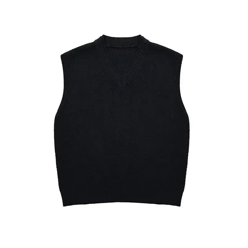 Early Autumn Simple Black V-neck Knitted Sweater Vest for Men Classic Fashion Harajuku Loose Casual All-match Inner Vest