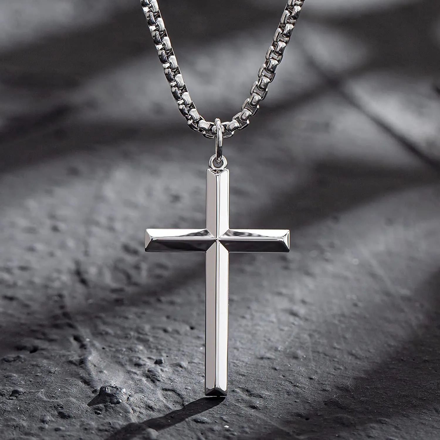 FANCIME Mens Beveled Cross Sterling Silver Necklace