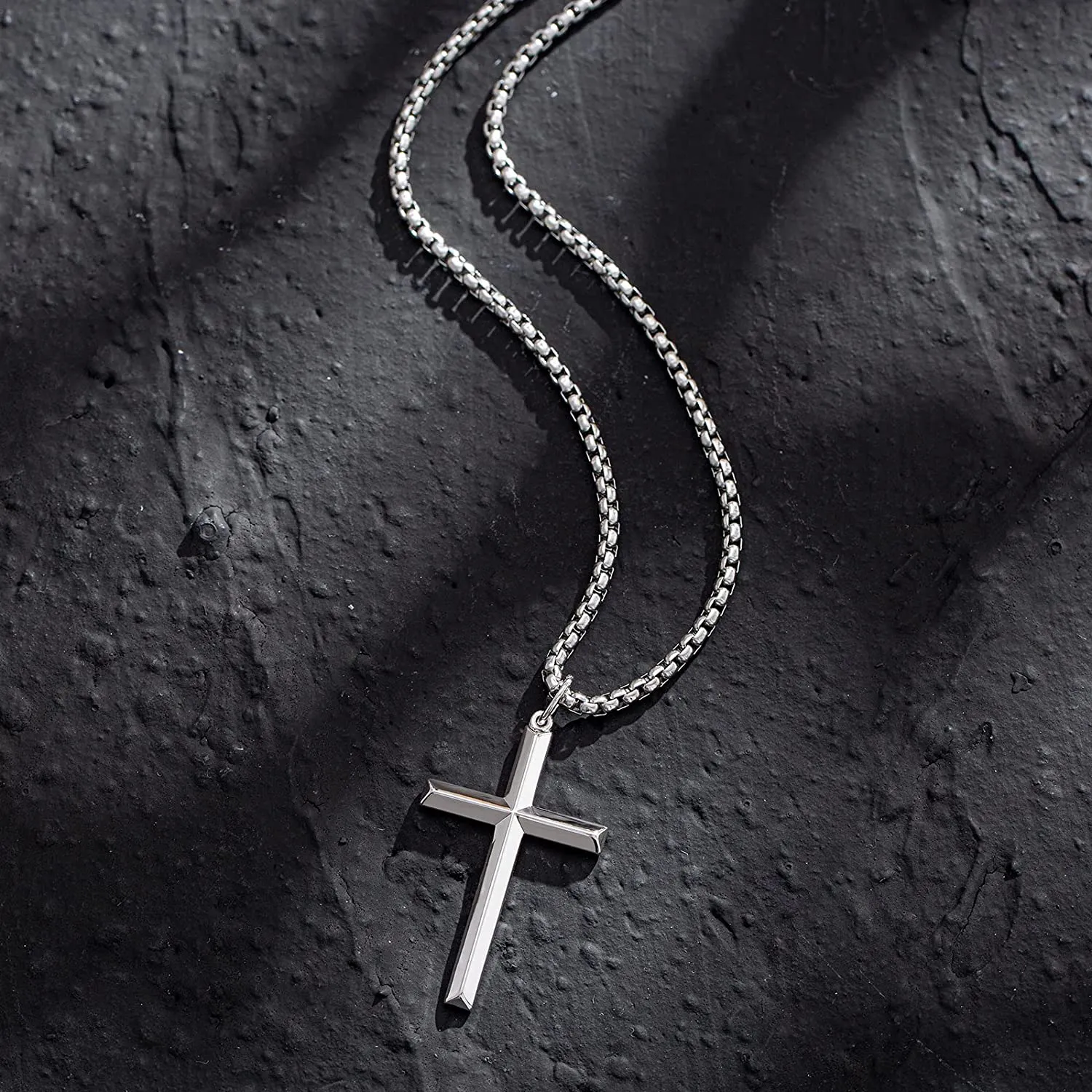 FANCIME Mens Beveled Cross Sterling Silver Necklace