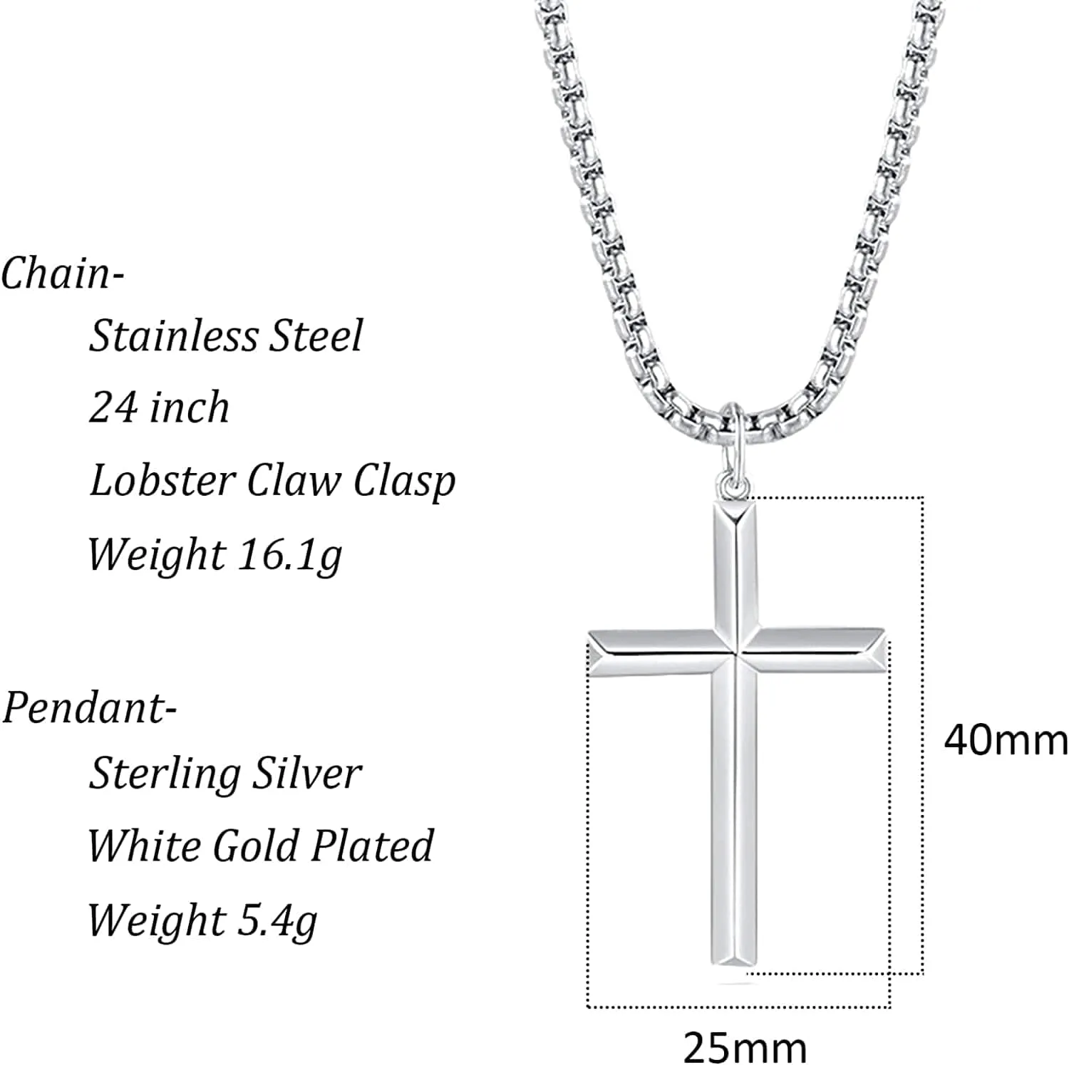 FANCIME Mens Beveled Cross Sterling Silver Necklace
