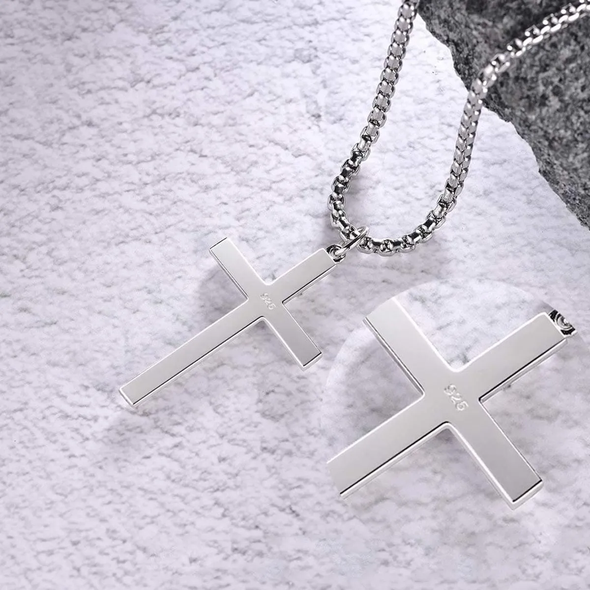 FANCIME Mens Beveled Cross Sterling Silver Necklace