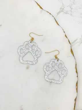 Glittery Paw Print Dangle Earrings - Silver