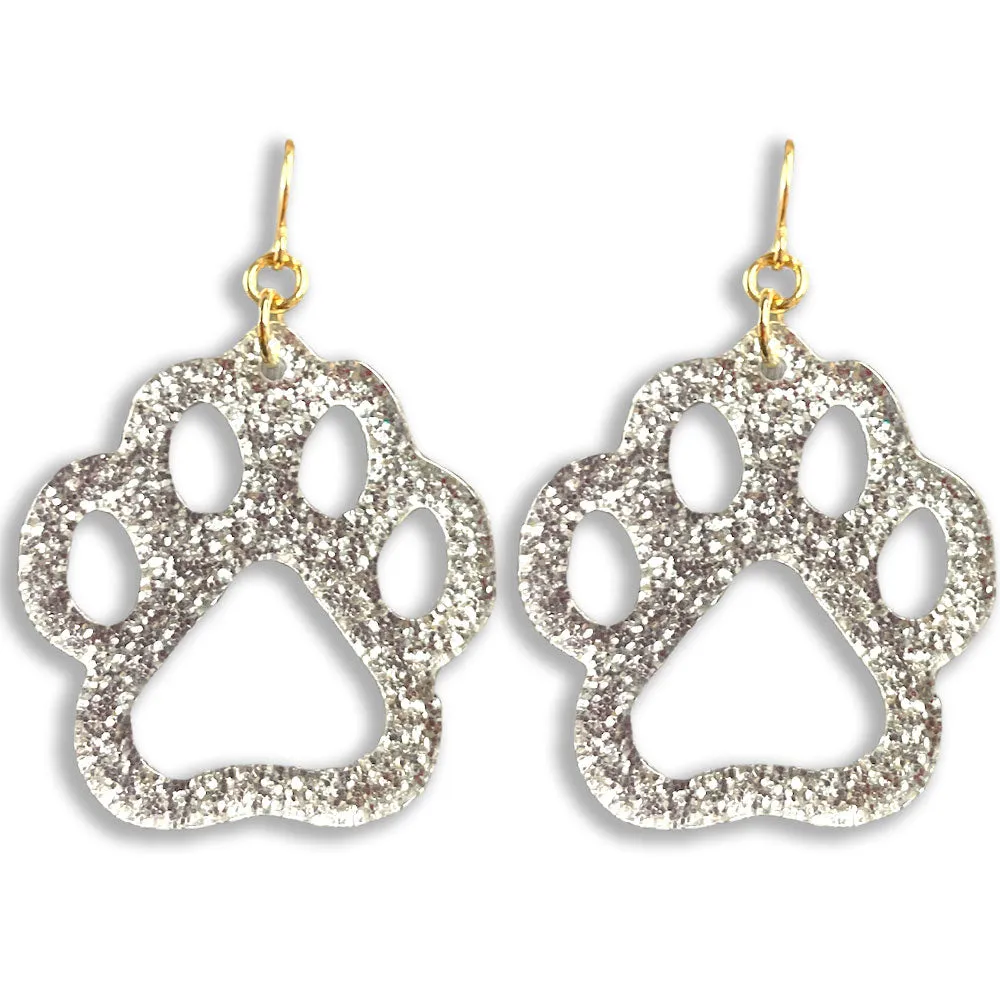 Glittery Paw Print Dangle Earrings - Silver
