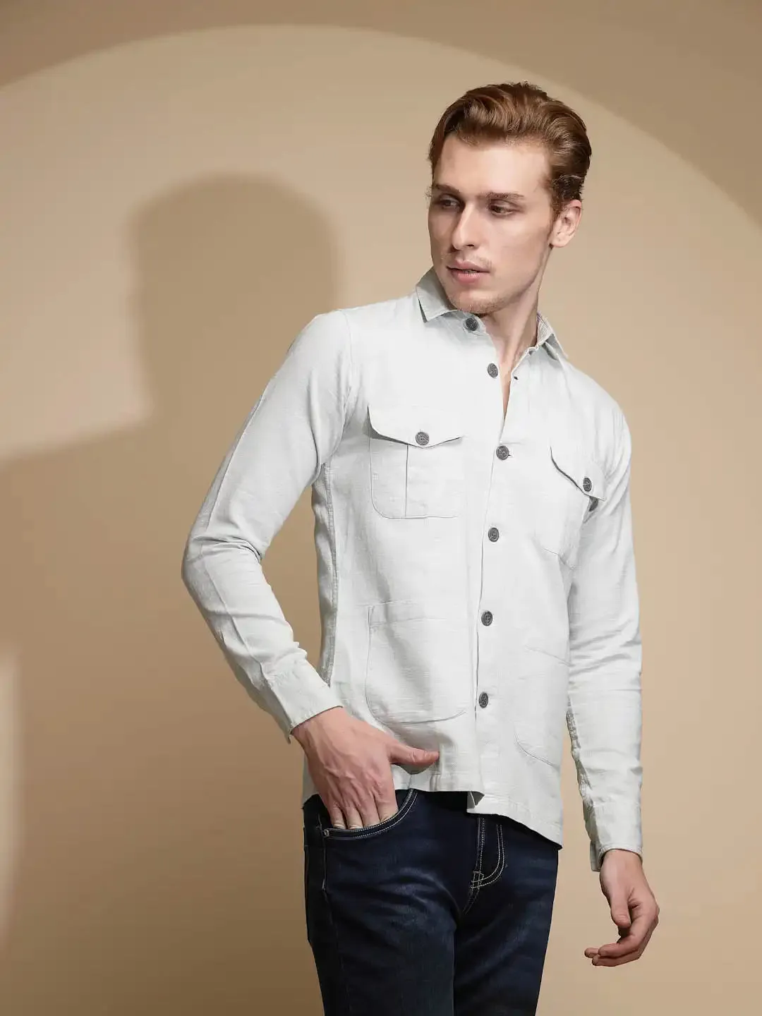 Green Solid Full Sleeve Collared Neck Cotton Shacket