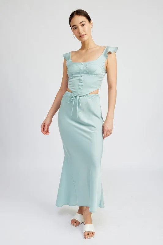 Hot Girl Emory Front Tie Satin Midi Skirt In Aqua