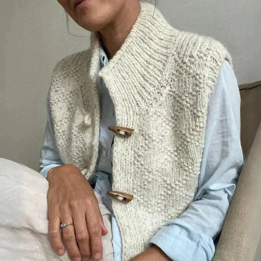 Kim – Women's Knitted Wool Button-Up Vest - with High Collar Design