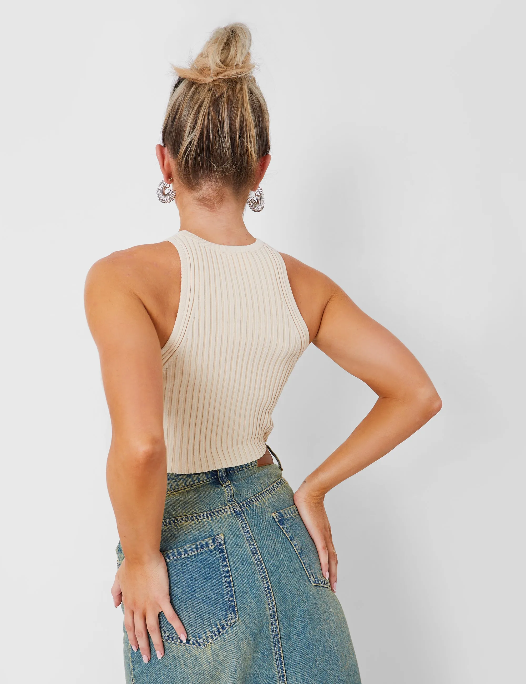 Knitted Ribbed Racer Top Beige