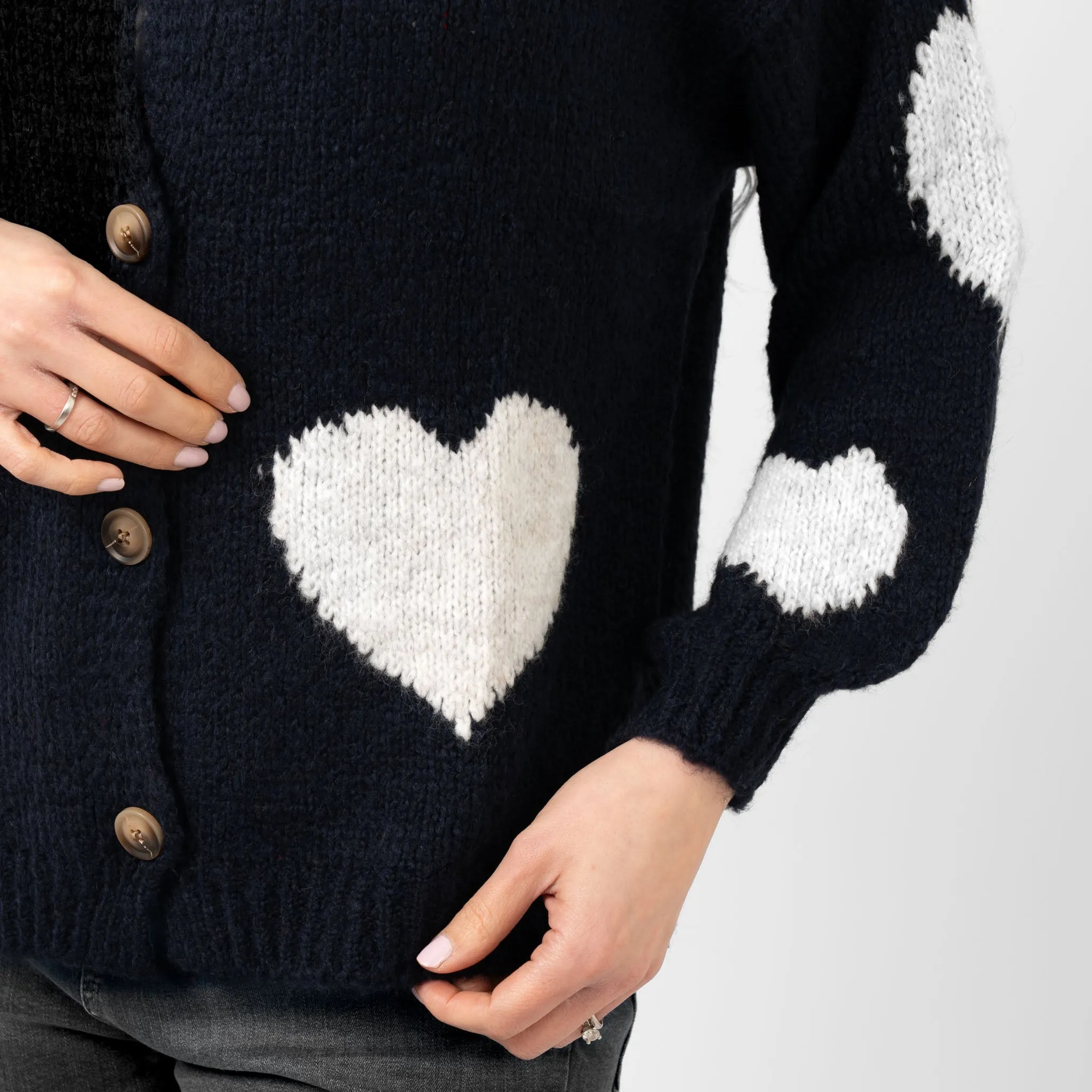 Lexi Wool Blend Cardigan - Navy Blue/Cream, Love Hearts