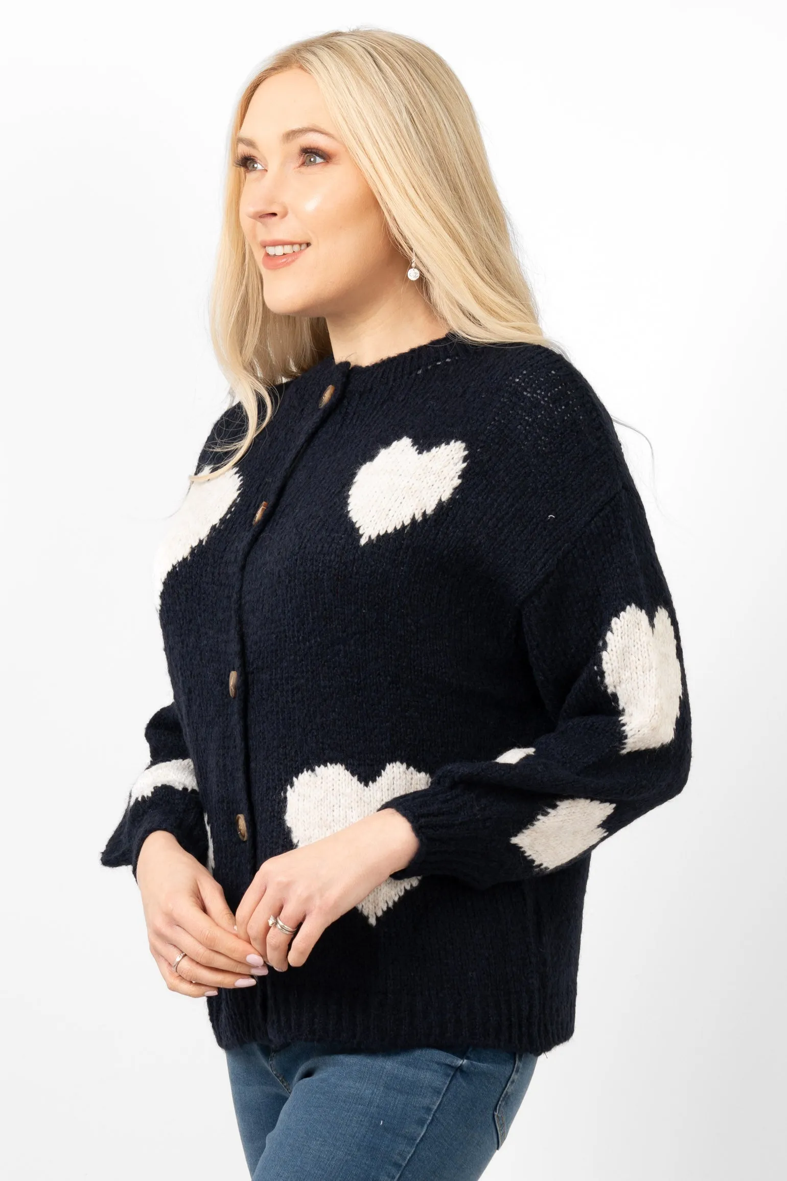 Lexi Wool Blend Cardigan - Navy Blue/Cream, Love Hearts
