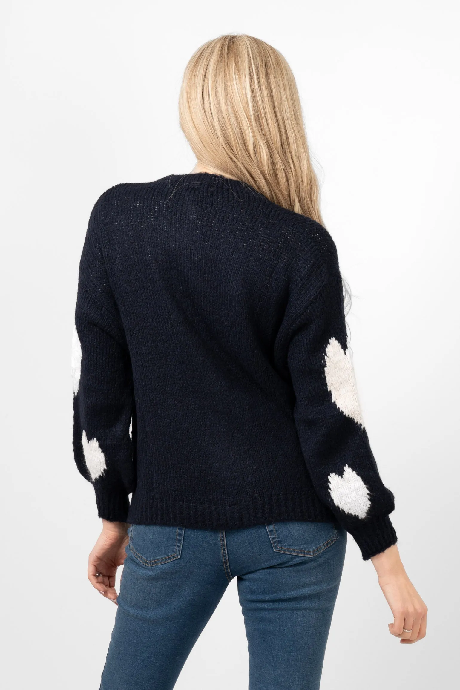 Lexi Wool Blend Cardigan - Navy Blue/Cream, Love Hearts