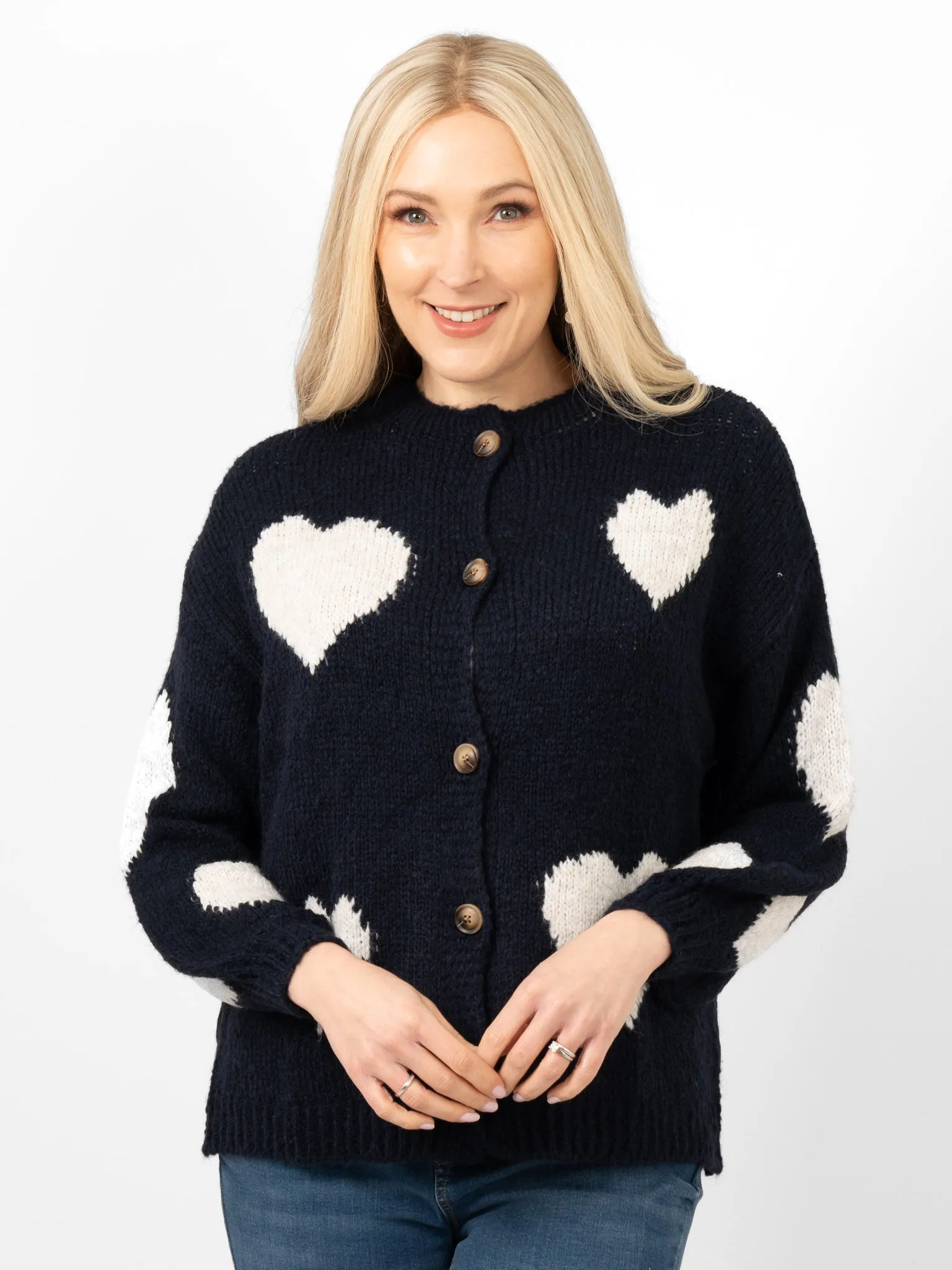 Lexi Wool Blend Cardigan - Navy Blue/Cream, Love Hearts