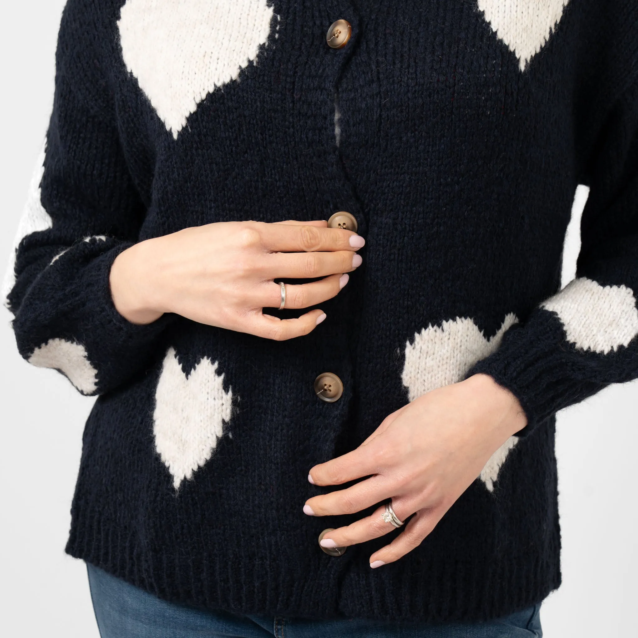 Lexi Wool Blend Cardigan - Navy Blue/Cream, Love Hearts