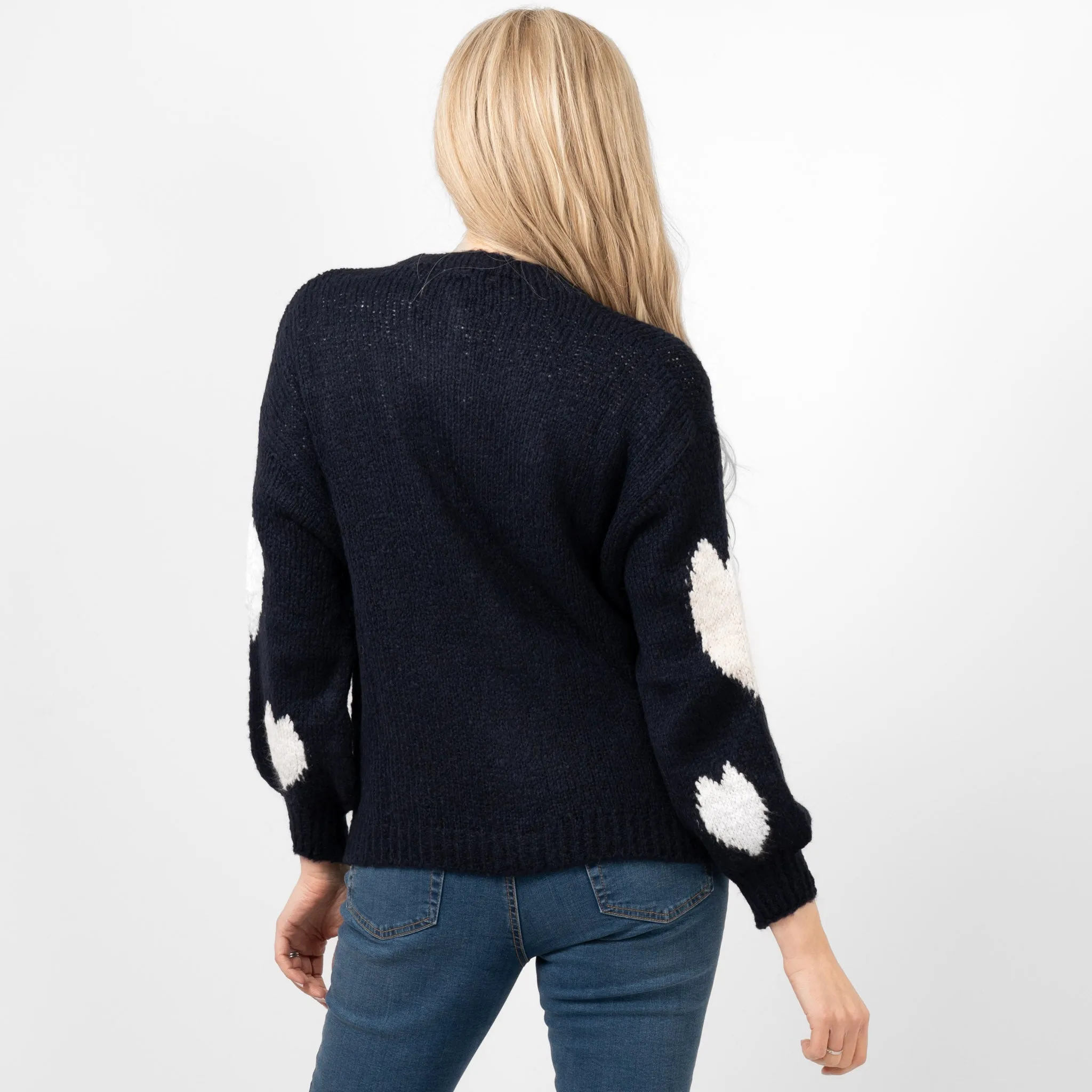 Lexi Wool Blend Cardigan - Navy Blue/Cream, Love Hearts