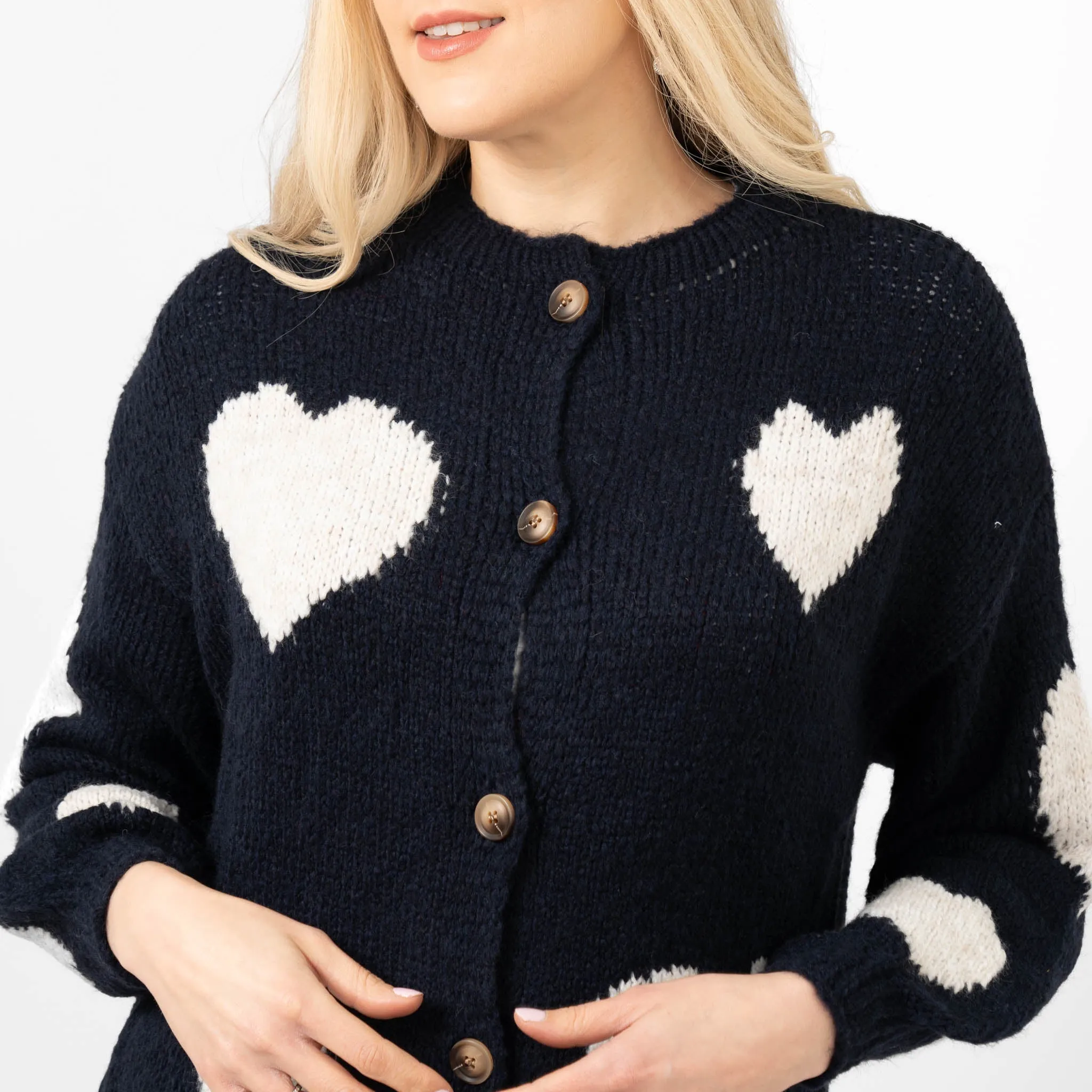 Lexi Wool Blend Cardigan - Navy Blue/Cream, Love Hearts