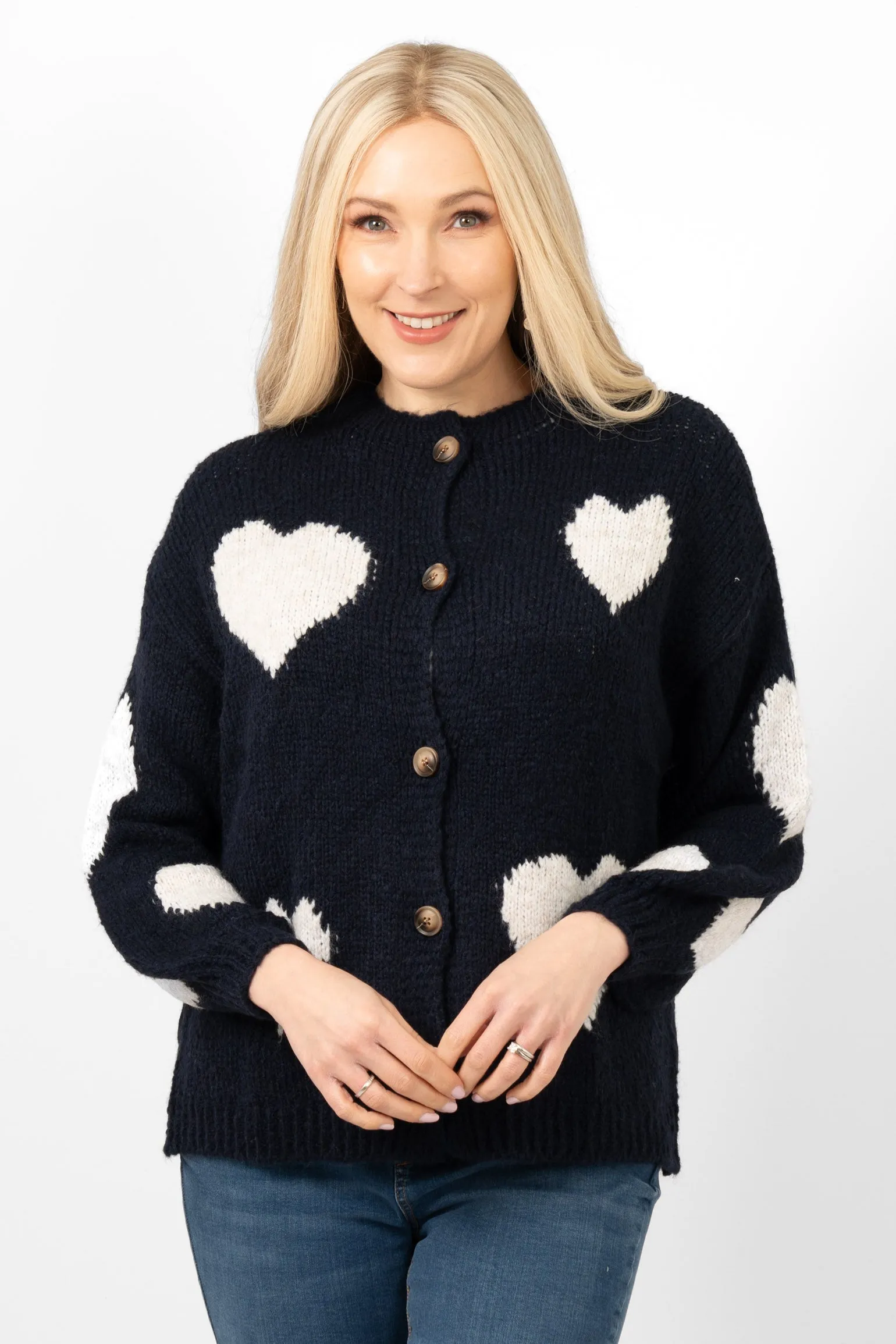 Lexi Wool Blend Cardigan - Navy Blue/Cream, Love Hearts