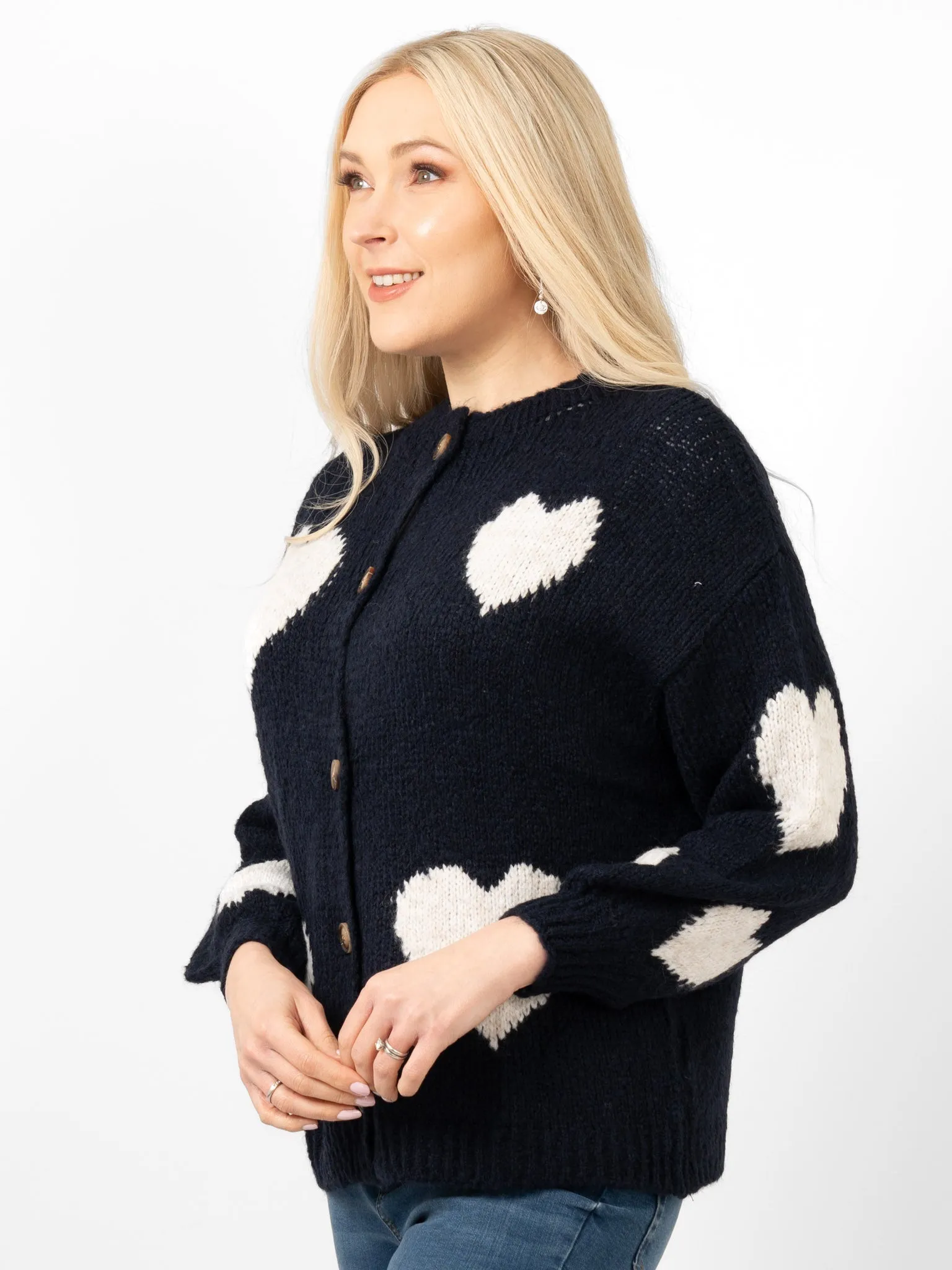Lexi Wool Blend Cardigan - Navy Blue/Cream, Love Hearts