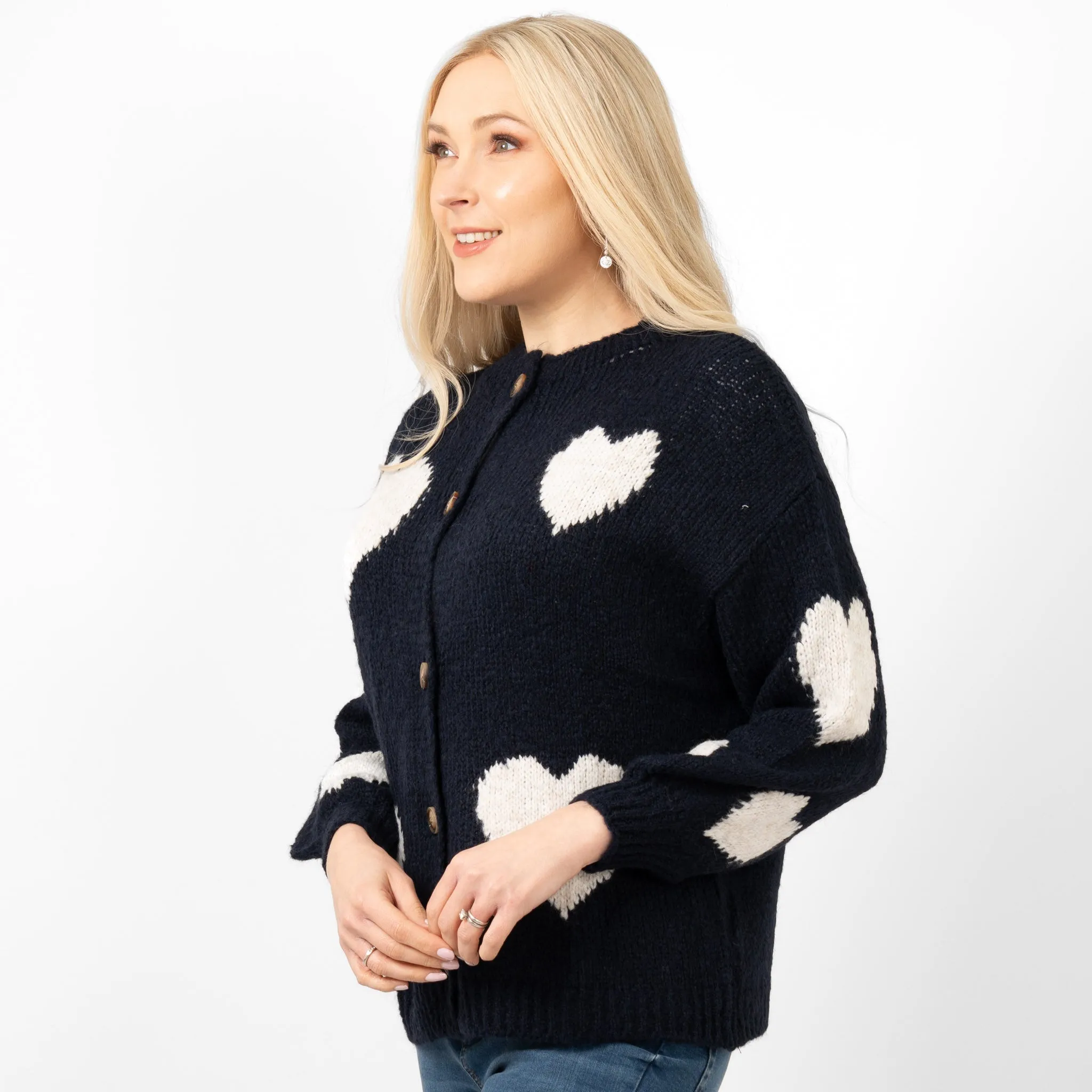 Lexi Wool Blend Cardigan - Navy Blue/Cream, Love Hearts