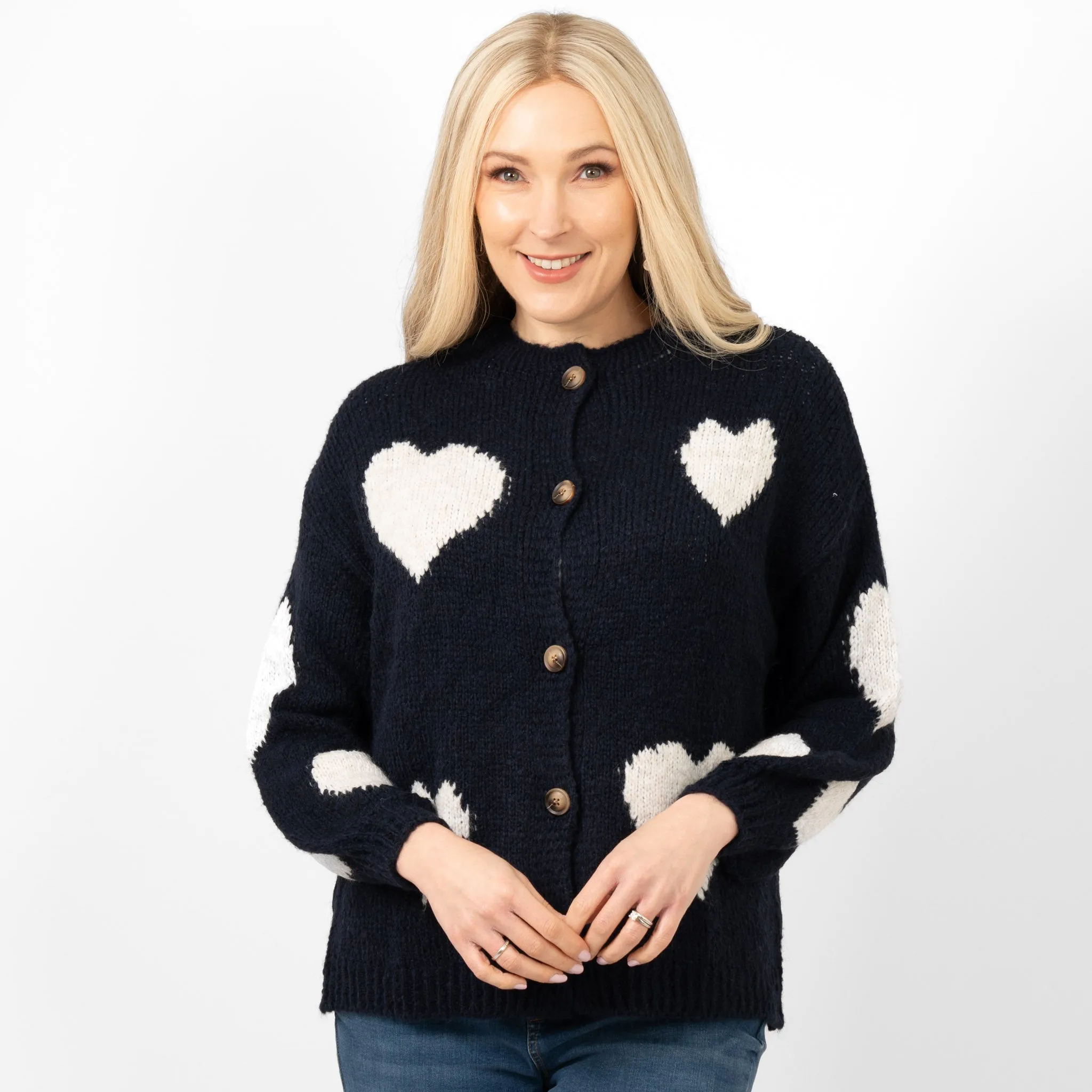 Lexi Wool Blend Cardigan - Navy Blue/Cream, Love Hearts