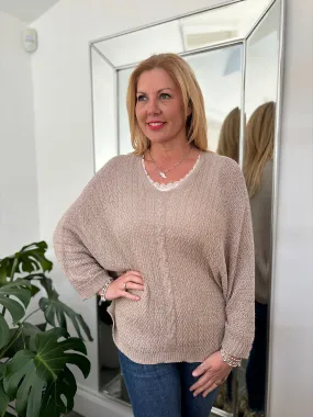 Mocha V Neck Cable Detail Knit Yasmin