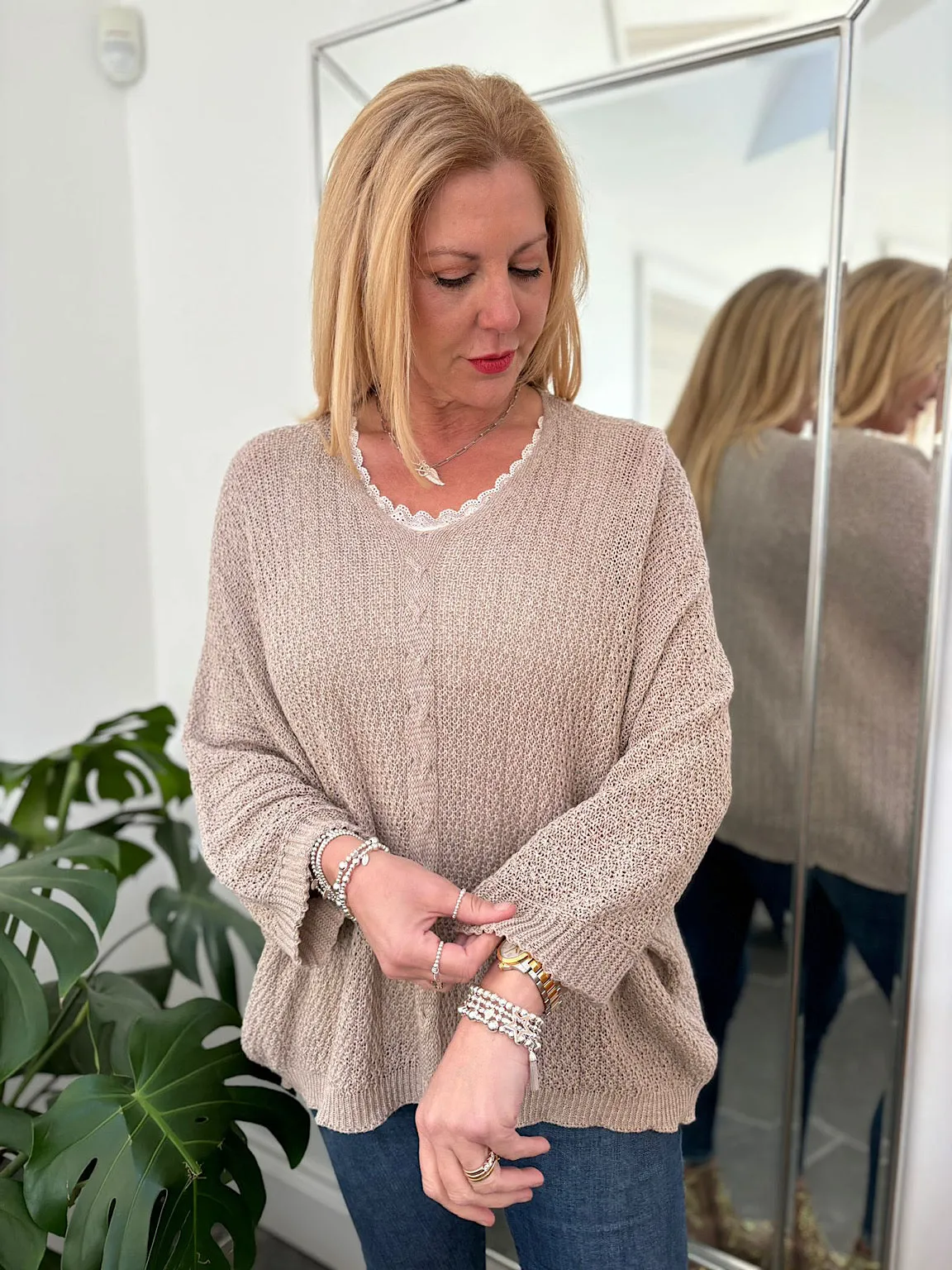Mocha V Neck Cable Detail Knit Yasmin