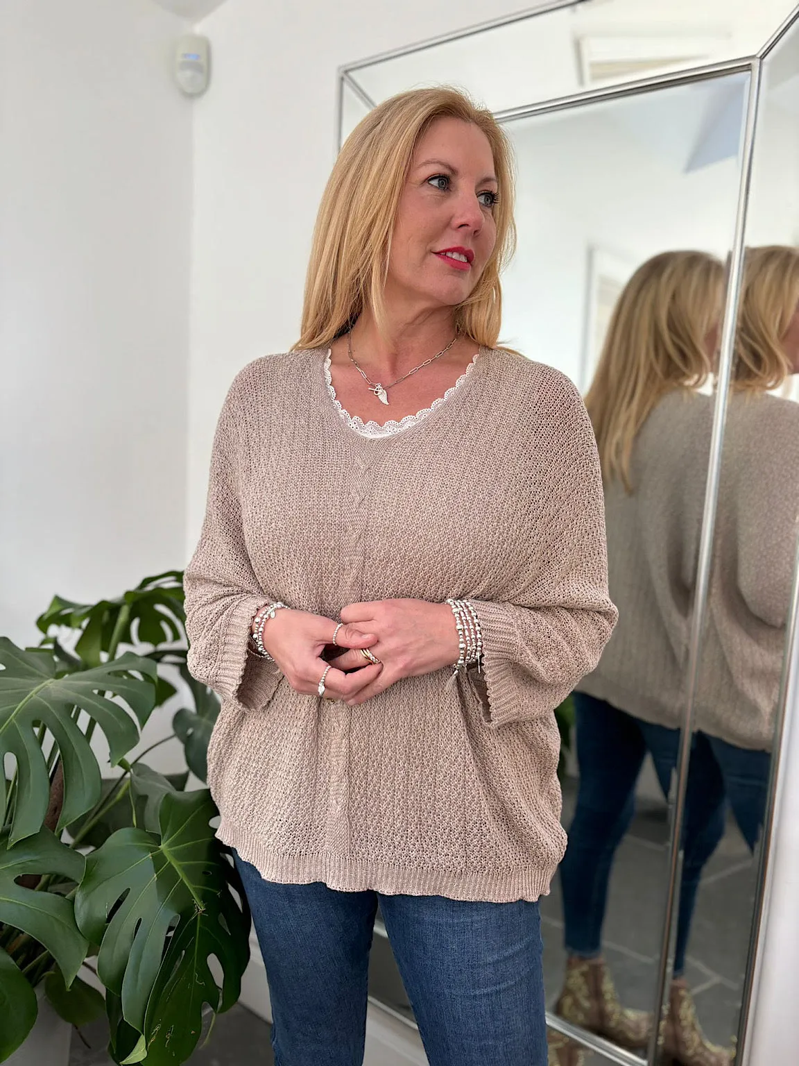 Mocha V Neck Cable Detail Knit Yasmin