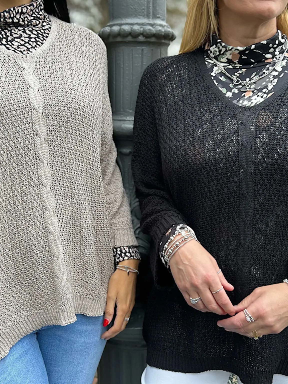 Mocha V Neck Cable Detail Knit Yasmin